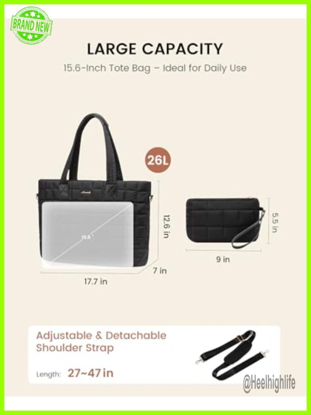 Lightweight Quilted Laptop Tote Bag for Women, 15.6" Work Tote with Padded - Picture 5 of 6